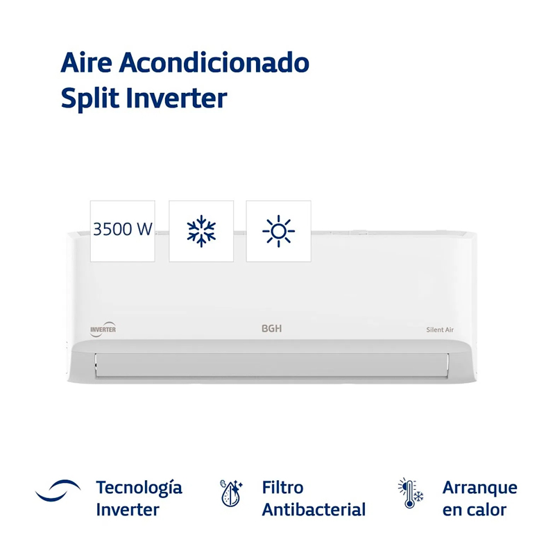 aire, aires, acondicionado, acondicionados, frio, calor, split, splits, con, tecnologia, inverter, bgh, 3500, watts, watt, 3500w, 3000f, frigorias, frigoria, 3000, a, eficiencia, consumo, energetico, energetica, clase, funcion, sleep, sueño, timer, turbo, temporalizador, silent, air, BSI35WCGT.