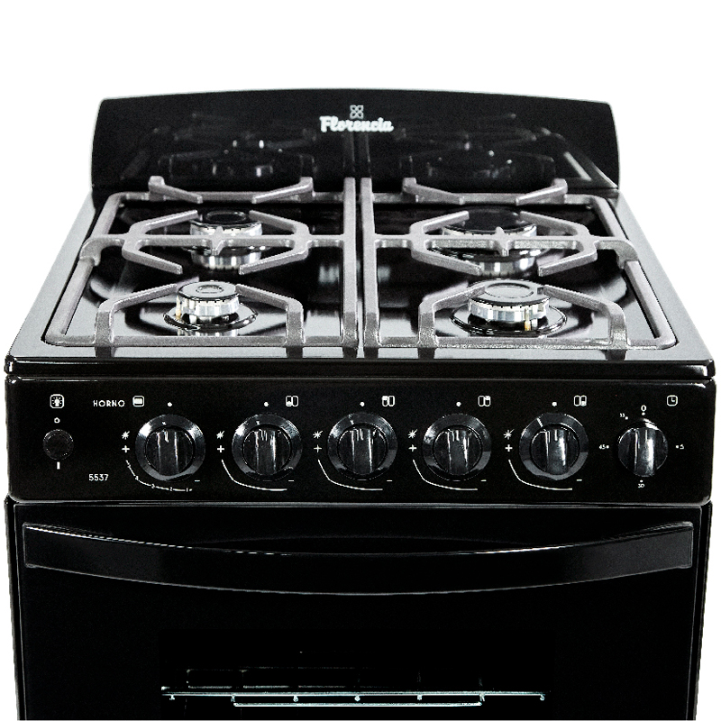 cocina, cocinas, a gas, gas natural, gas envasado, gas licuado, multigas, florencia, 56cm, luz, encendido, timer, reja de fundicion, rejas de fundicion, FLOR-5547, negra, negras.